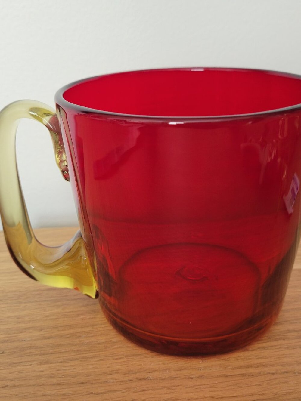 Blenko Art hand-blown AMBERINA Tangerine Mug Cup Applied Handles 4.25" tall Vtg
